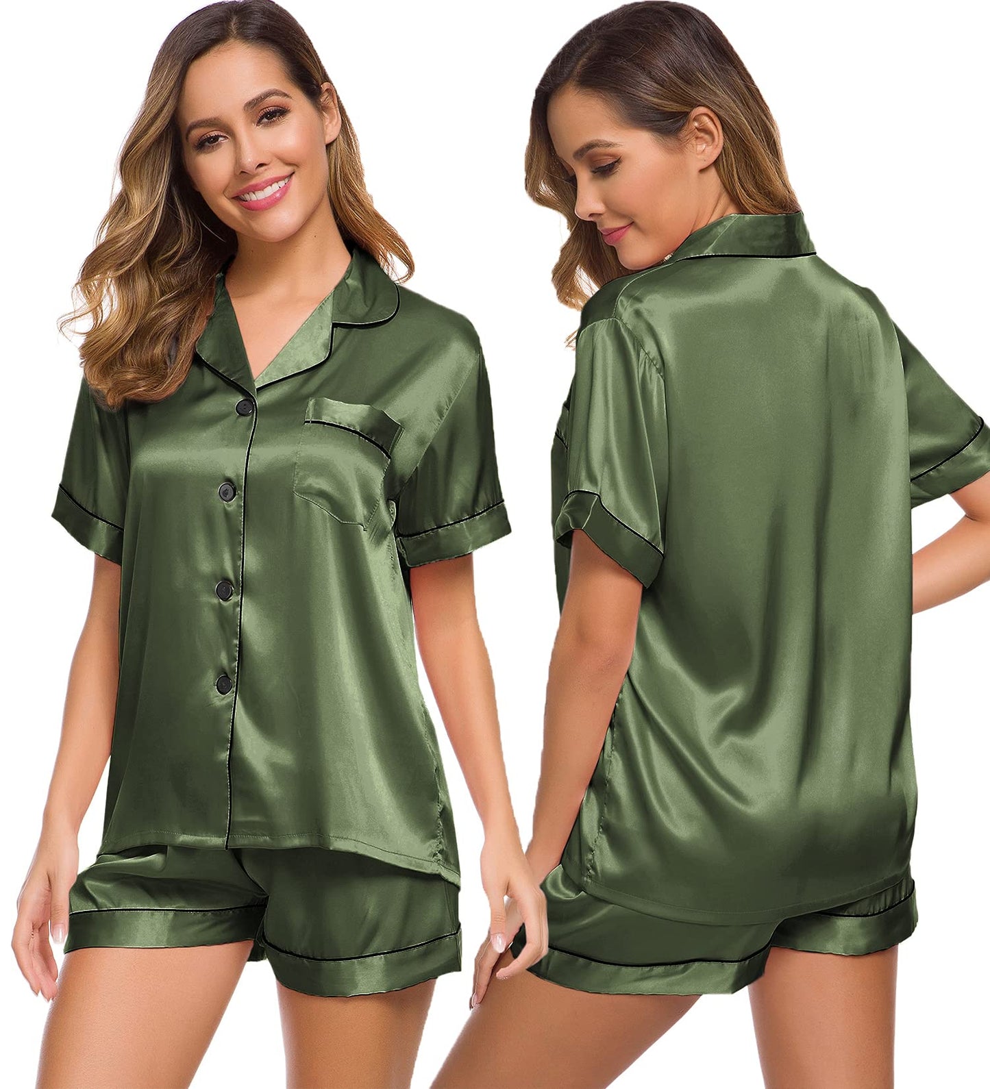 SWOMOG Womens Silk Satin Pajamas Set Two-piece Pj Sets Sleepwear Loungewear Button-Down Pj Sets