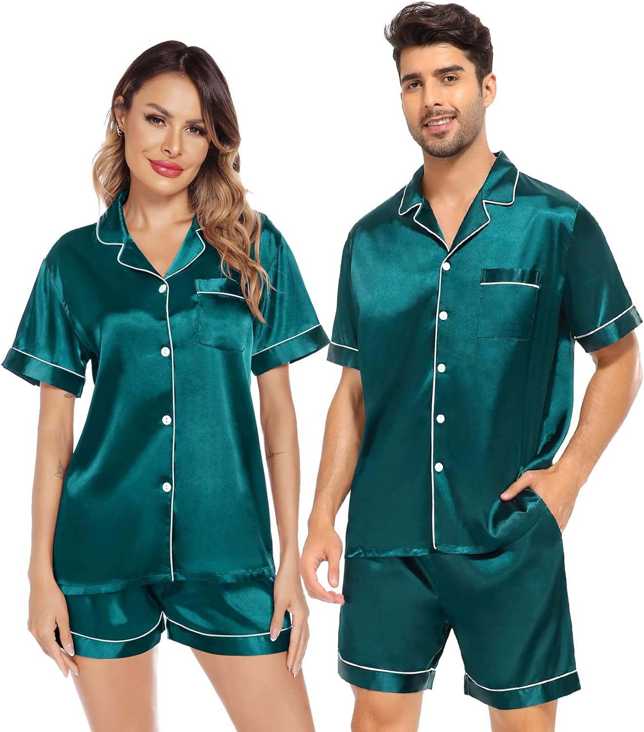 SWOMOG Satin Matching Pajamas Sets Couple Silk Button Down Nightwear Short Sleeve Sleepwear 2 Pieces Loungewear with Shorts