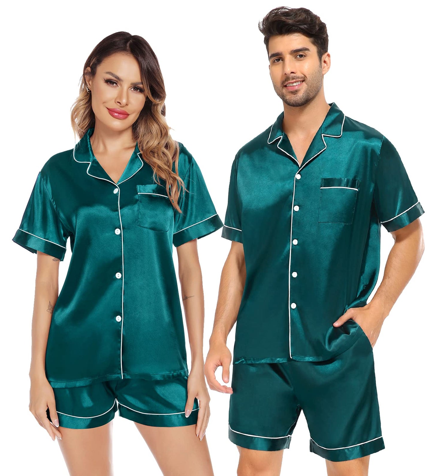 SWOMOG Satin Matching Pajamas Sets Couple Silk Button Down Nightwear Short Sleeve Sleepwear 2 Pieces Loungewear with Shorts