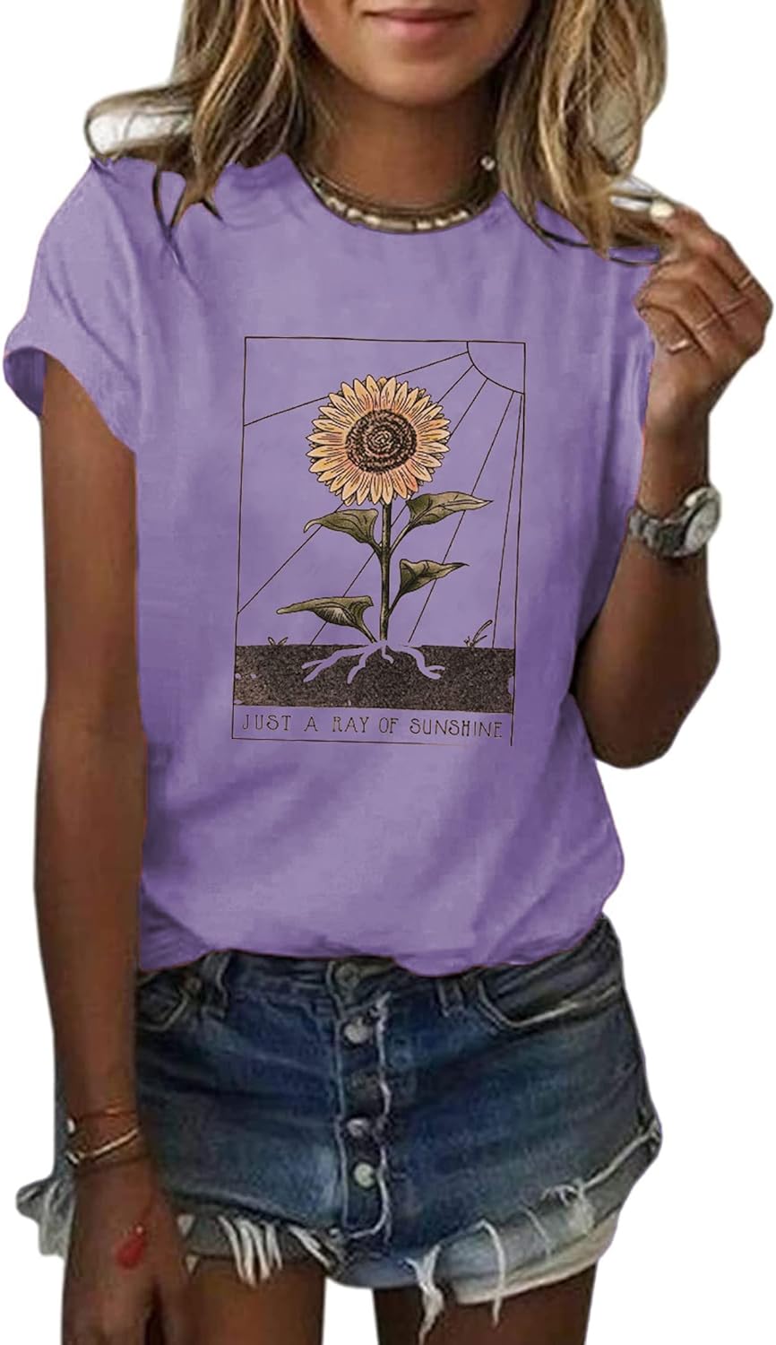 Anbech Womens Dandelion Graphic T-Shirts Teen Girls Cute Sunflower Trendy Clothes Casual Tee Tops