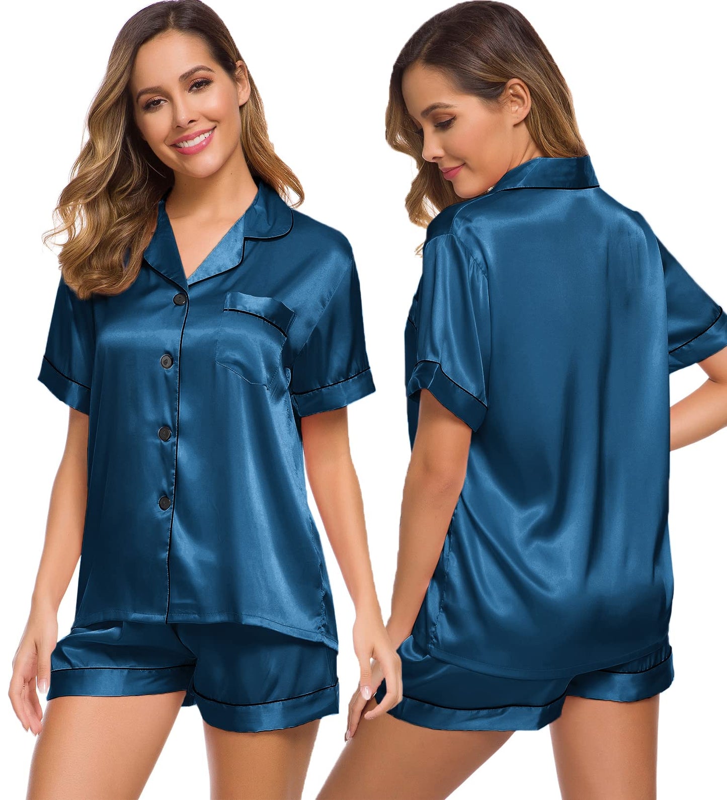 SWOMOG Womens Silk Satin Pajamas Set Two-piece Pj Sets Sleepwear Loungewear Button-Down Pj Sets