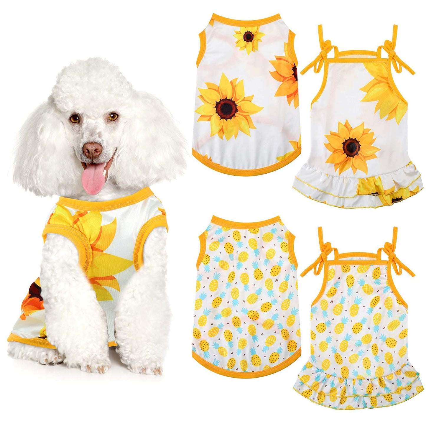 4 Pieces Pet Clothes Set Include 2 Pieces Cute Pet Dress Lovely Fruit Dog Dress and 2 Pieces Dog Shirt Breathable Pet T-Shirt Puppy Clothes for Pet (Pineapple, Sunflower,Medium)