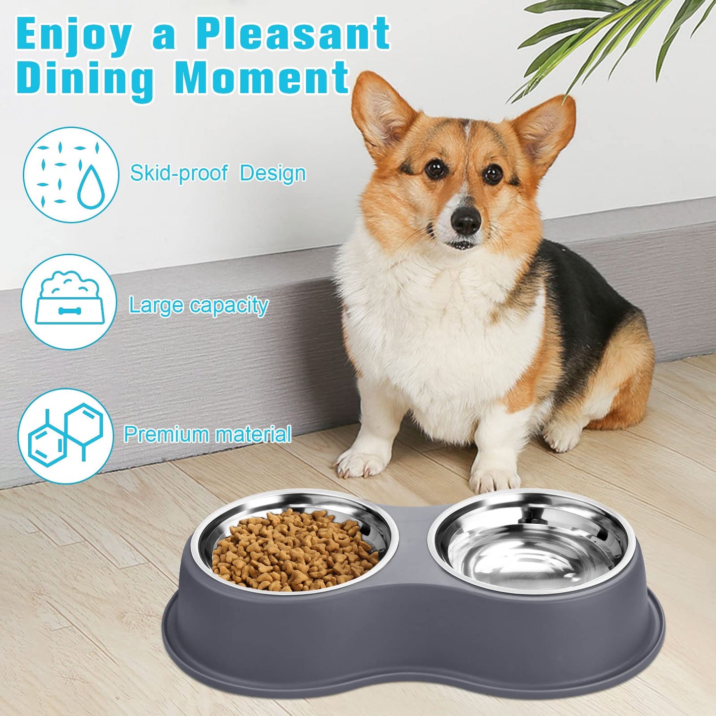 Dog Bowls Double Dog Water and Food Bowls Stainless Steel Bowls with Non-Slip Resin Station, Pet Feeder Bowls for Puppy Medium Dogs Cats