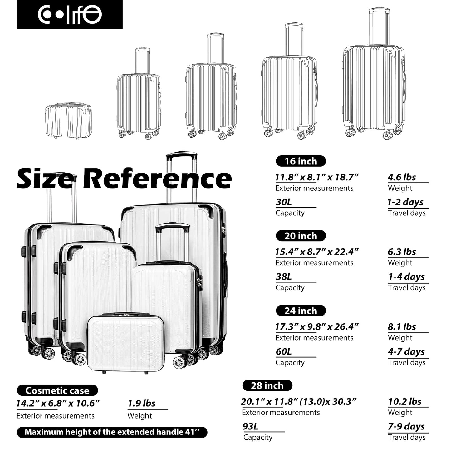 Coolife Luggage Expandable(only 28") Suitcase PC+ABS Spinner 20in 24in 28in Carry on (white grid new, S(20in)_carry on)