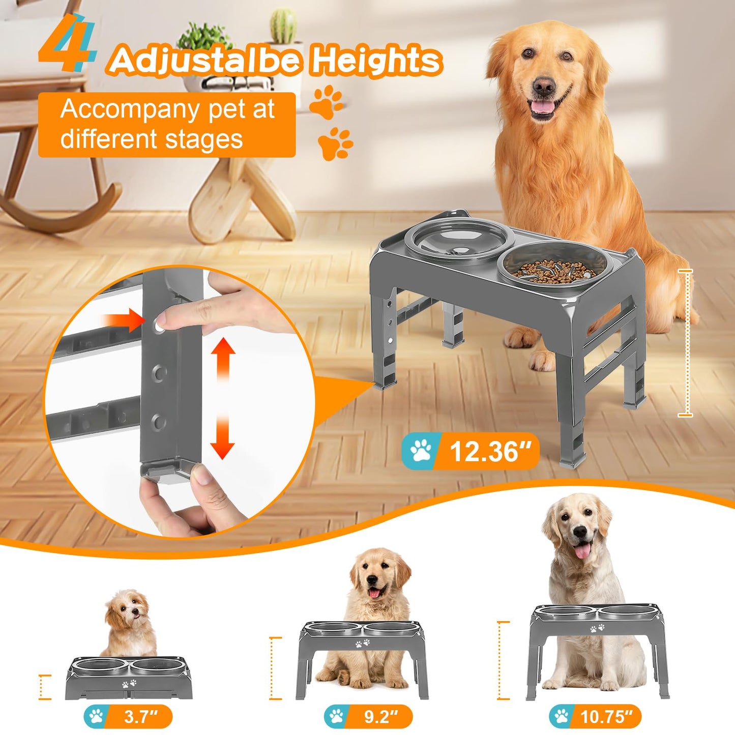 Elevated Dog Bowls, 2-in-1 Dog Feeder with Slow Feeder Dog Bowls & No Spill Dog Water Bowl, 4 Heights Adjustable Raised Dog Bowl Stand Non-Slip & Anti-Dust Dog Food Bowl for Medium Large Dogs, Black