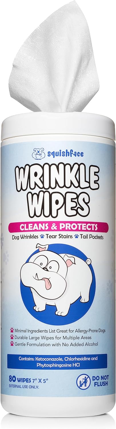 Squishface Wrinkle Wipes – 5”x7” Large Dog Wipes - Deodorizing, Tear Stain Remover – Great for English Bulldog, Pugs, Frenchie, Bulldogs, French Bulldogs & Any Breed! 5x7