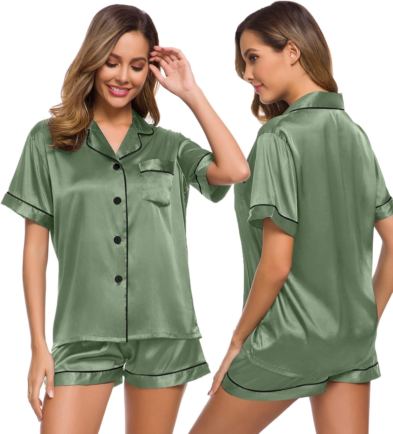 SWOMOG Womens Silk Satin Pajamas Set Two-piece Pj Sets Sleepwear Loungewear Button-Down Pj Sets