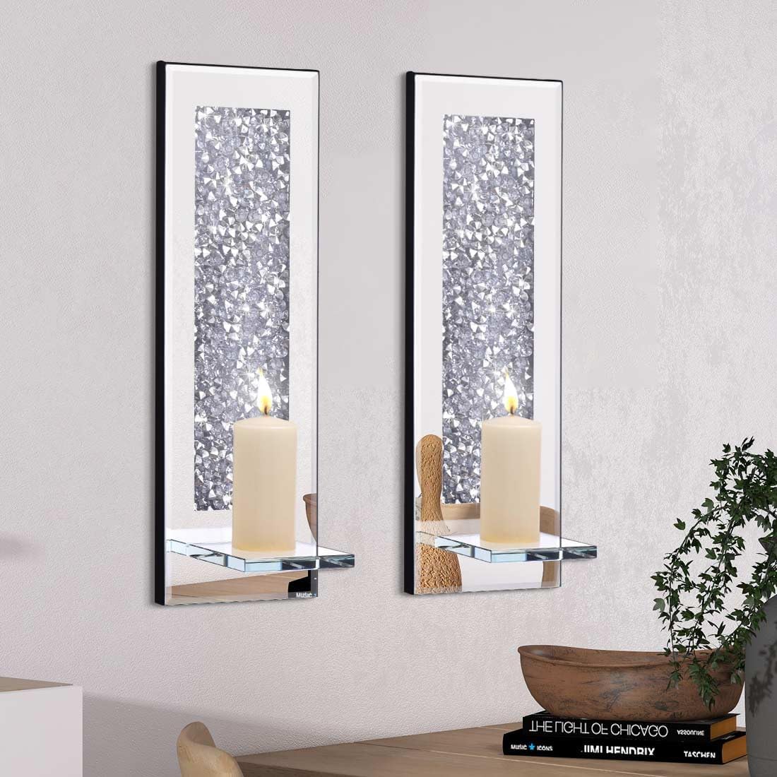 Crystal Crush Diamond Wall Candle Holder Set of 2, Rectangle Silver Mirrored Candle Sconces, Home Wall Decoration for Living Room,Dining Room & Bedroom