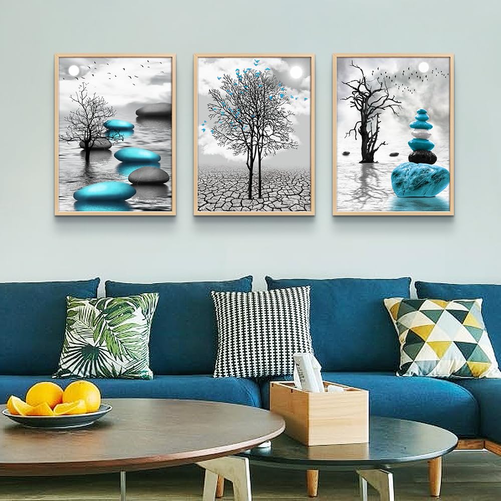 Canvas Wall Art for Living Room Wall Decor for Bedroom Bathroom Black and White Paintings Modern 3 Piece Framed Canvas Art Prints Ready to Hang Inspirational Abstract Blue Pictures Home Decorations