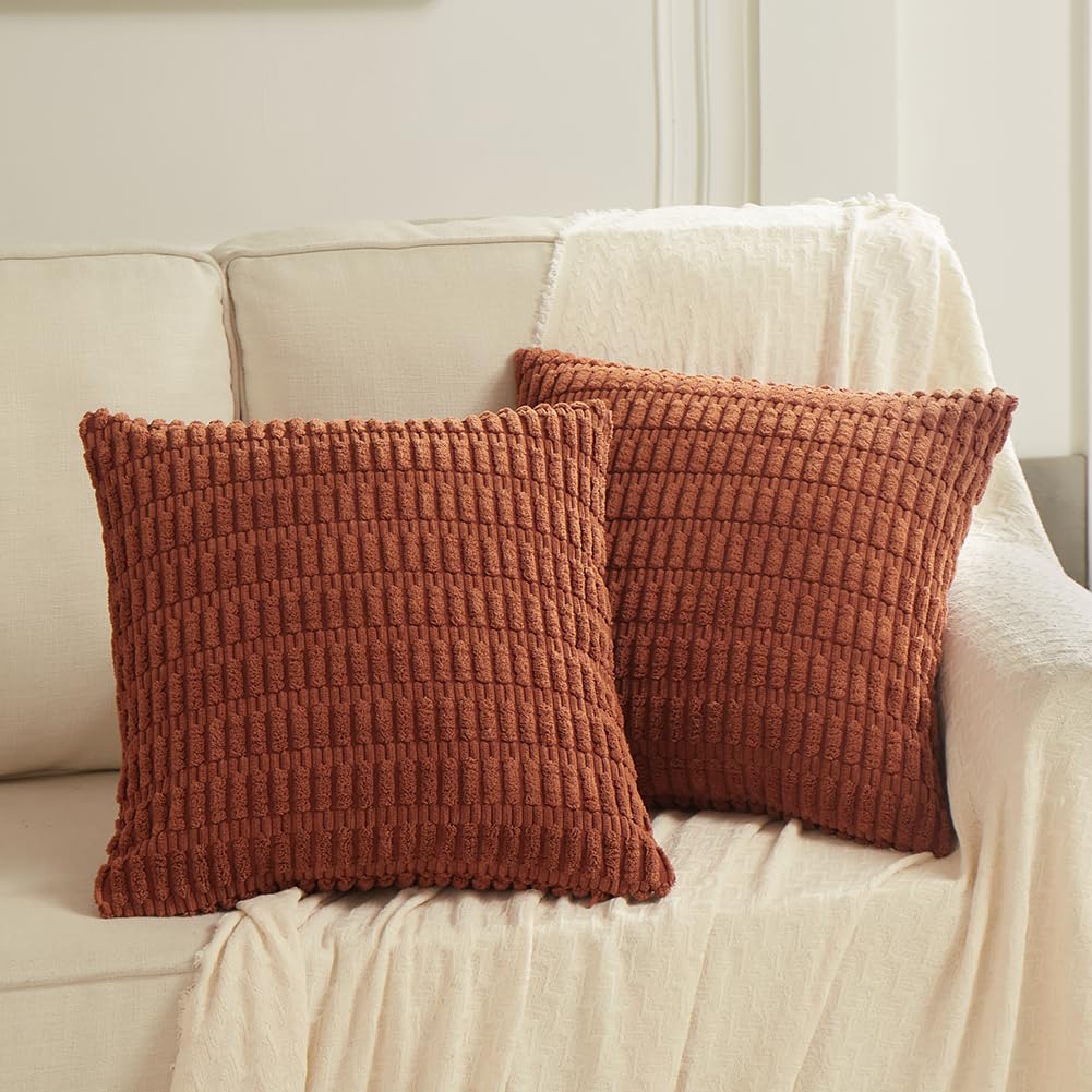 Fancy Homi 4 Packs Neutral Decorative Throw Pillow Covers 18x18 Inch for Living Room Couch Bed Sofa, Rustic Farmhouse Boho Home Decor, Soft Plush Striped Corduroy Square Cushion Case 45x45 cm