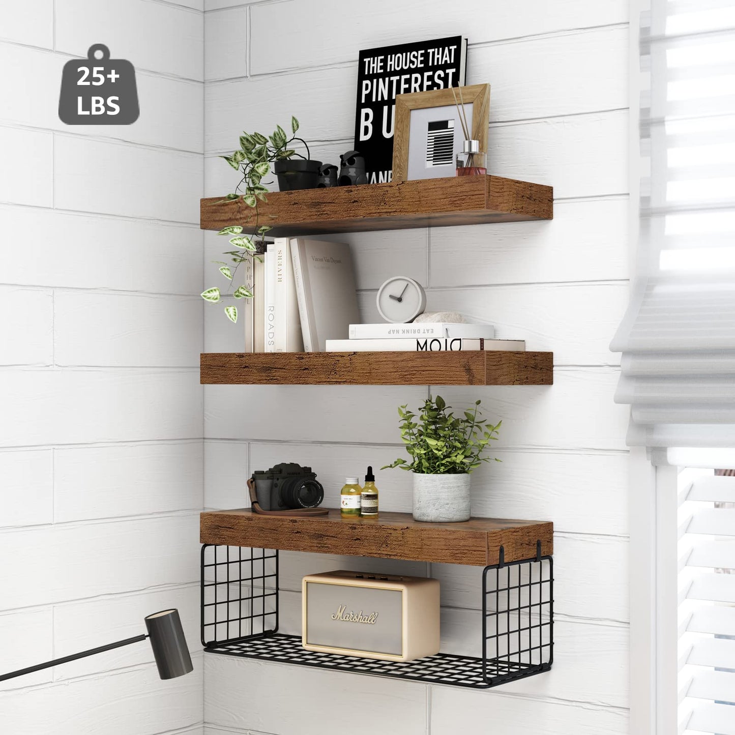 QEEIG Bathroom Shelves Over Toilet Wall Mounted Floating Shelves Farmhouse Shelf Toilet Paper Holder Small 16 inch Set of 3, Rustic Brown (019-BN3)