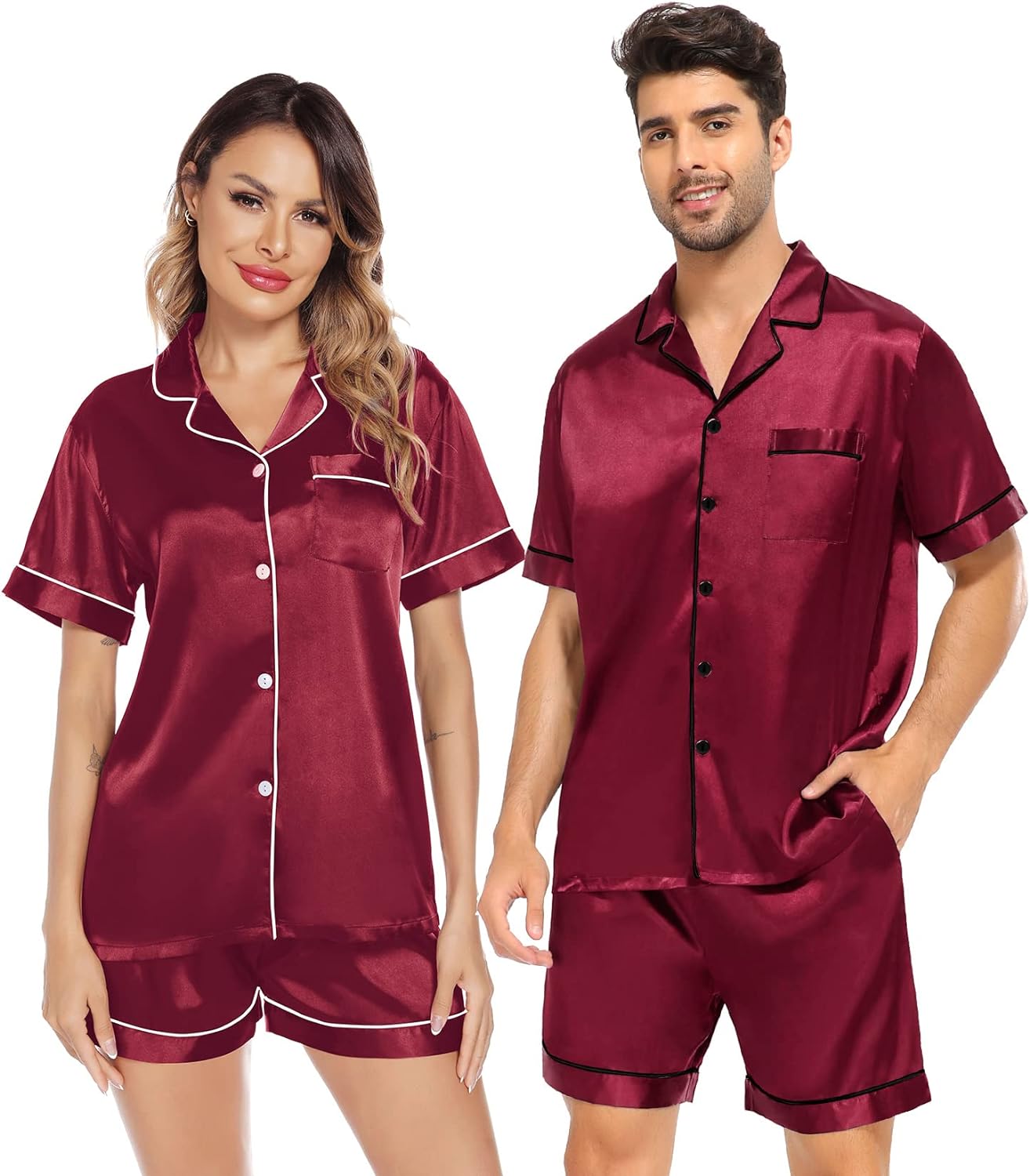 SWOMOG Satin Matching Pajamas Sets Couple Silk Button Down Nightwear Short Sleeve Sleepwear 2 Pieces Loungewear with Shorts