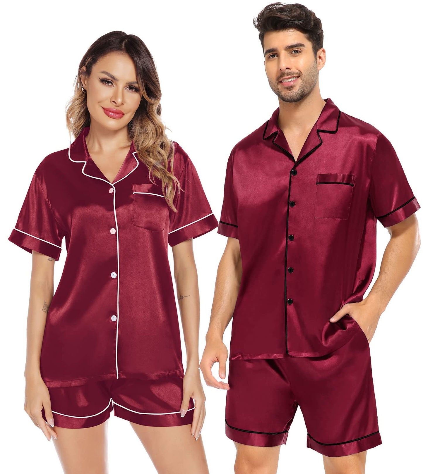 SWOMOG Satin Matching Pajamas Sets Couple Silk Button Down Nightwear Short Sleeve Sleepwear 2 Pieces Loungewear with Shorts