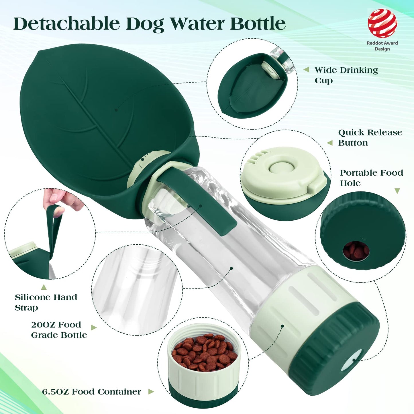 Upgraded Dog Water Bottle, Portable Dog Cat Puppy Pet Water Dispenser Feeder with Drinking Cup and Food Container Leak Proof for Outdoor Walking, Travel, Hiking 12OZ