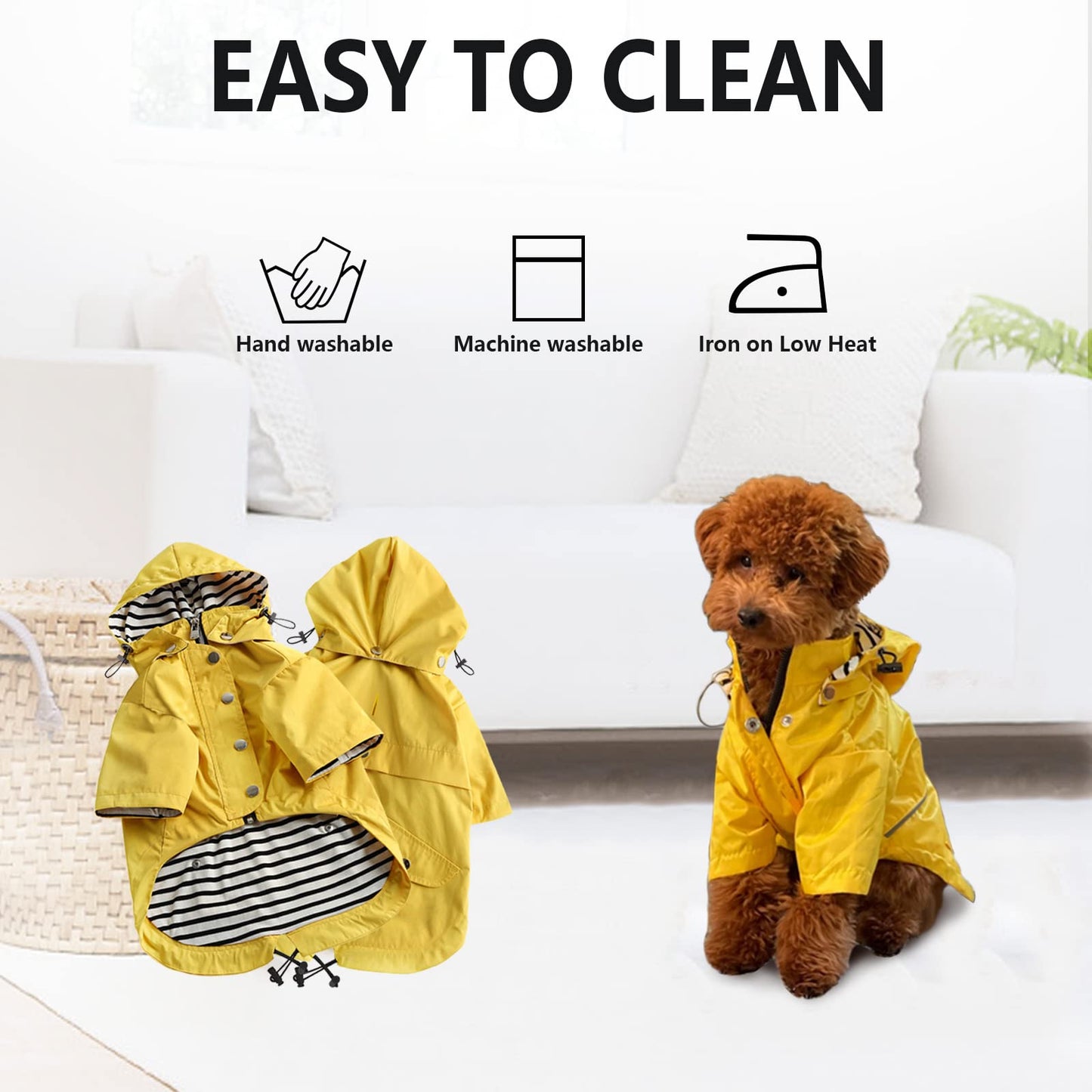 Dog Zip Up Dog Raincoat with Reflective Buttons, Rain/Water Resistant, Adjustable Drawstring, Removable Hood, Dog Raincoats with Legs 8lbs to 80lbs Available Yellow M