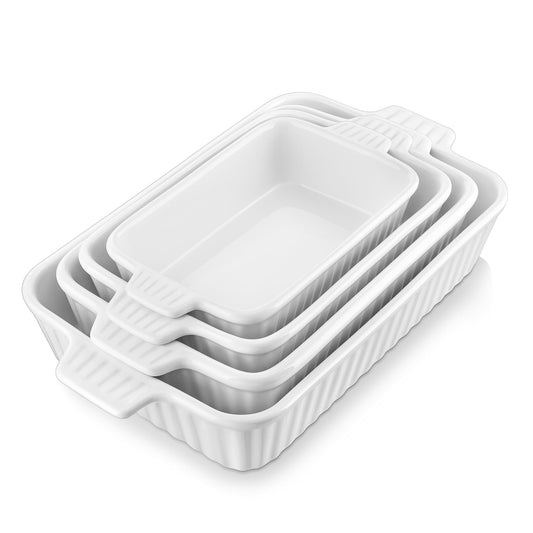 MALACASA Casserole Dishes for Oven, Porcelain Baking Dishes, Ceramic Bakeware Sets of 4, Rectangular Lasagna Pans Deep with Handles for Baking Cake Kitchen, White (9.4"/11.1"/12.2"/14.7"), Series