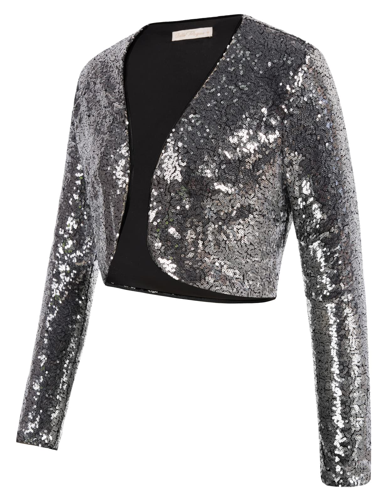 Belle Poque Women's Sequin Jacket Long Sleeve Open Front Glitter Cropped Blazer Bolero Shrug S-XXL