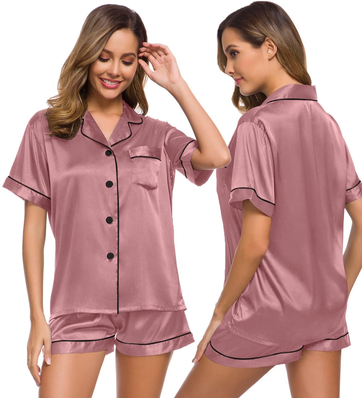 SWOMOG Womens Silk Satin Pajamas Set Two-piece Pj Sets Sleepwear Loungewear Button-Down Pj Sets