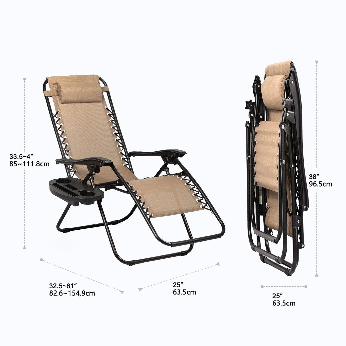 Nazhura Set of 2 Relaxing Recliners Patio Chairs Adjustable Steel Mesh Zero Gravity Lounge Chair Beach Chairs with Pillow and Cup Holder Black