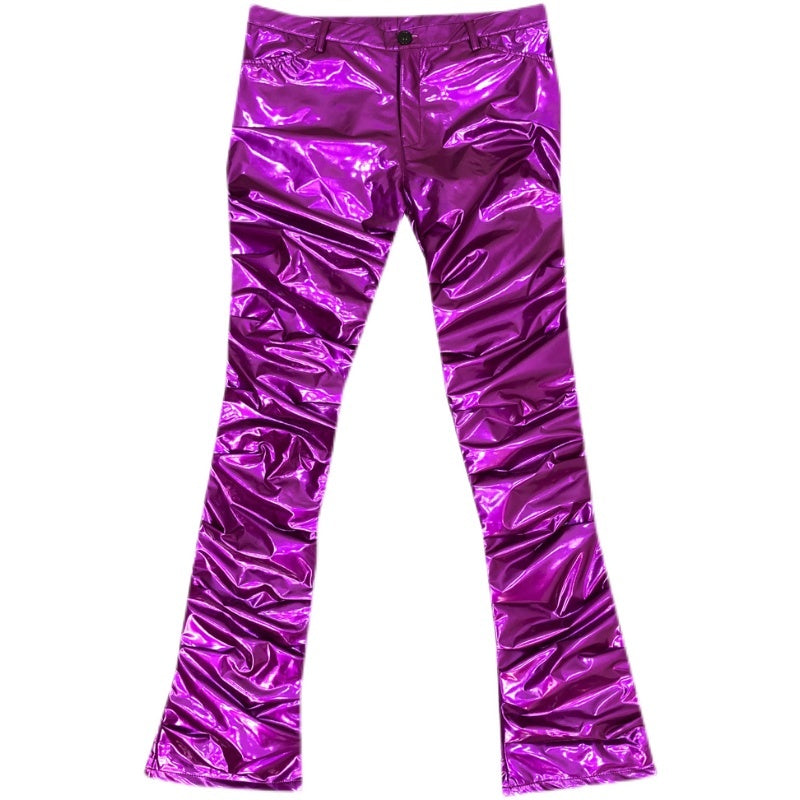 Bright Reflective Mirror Pleated Flare Leather Pants Sexy For Men