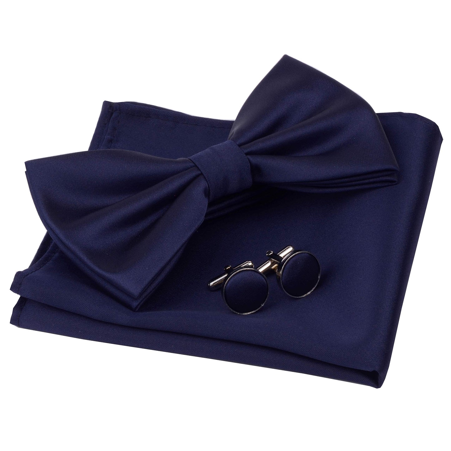 GUSLESON Mens Solid Color Double Fold Pre-tied Bow Tie and Pocket Square Cufflink Set with Gift Box