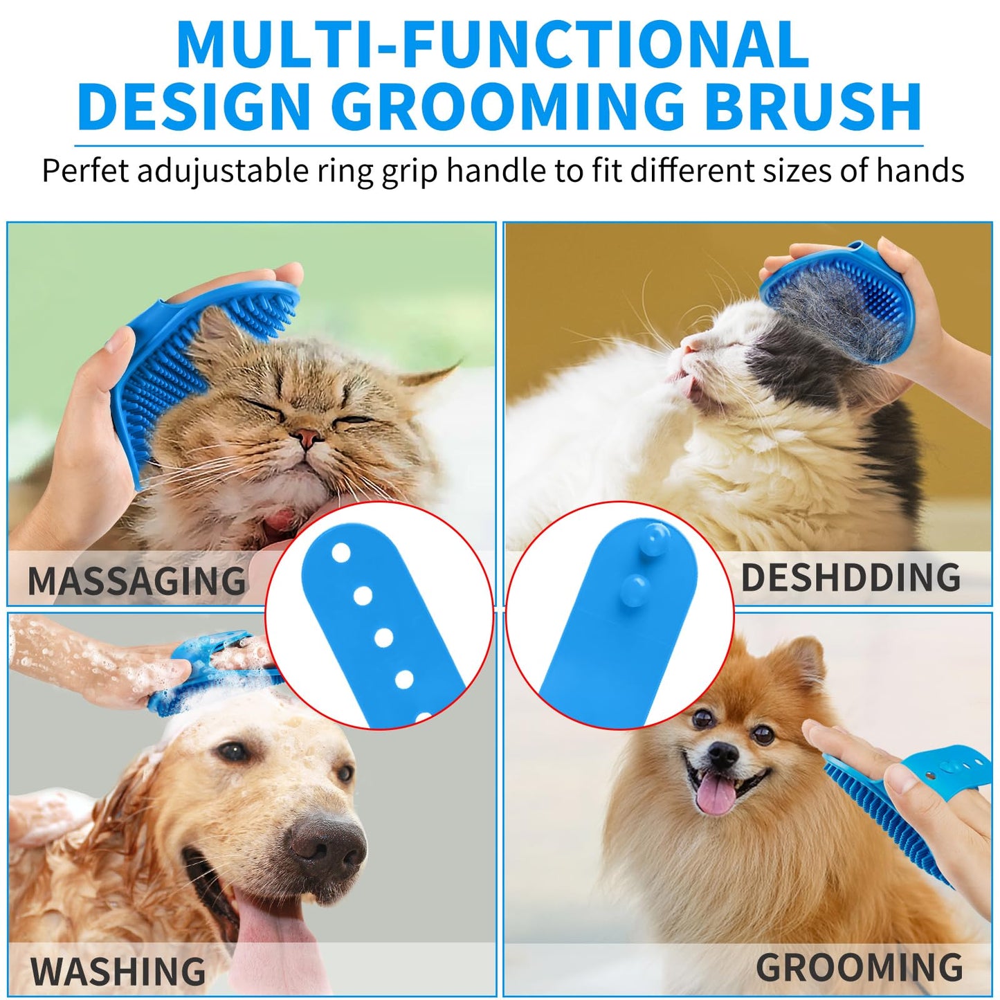 3PCS Dog Bath Brush | Dog Shampoo Brush | Dog Scrubber for Bath | Dog/Grooming/Washing Brush Scrubber with Adjustable Ring Handle for Short & Long Haired Dogs/Cats (Blue Blue White)