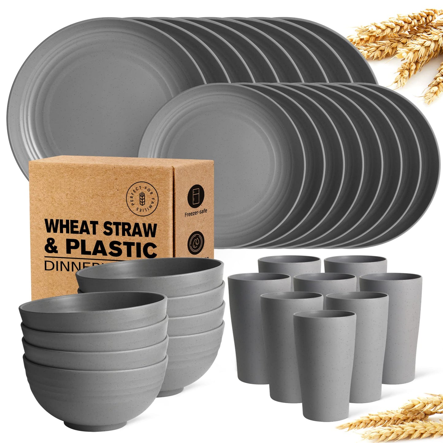 Teivio 32-Piece Kitchen Plastic Wheat Straw Dinnerware Set, Service for 8, Dinner Plates, Dessert Plate, Cereal Bowls, Cups, Unbreakable Colorful Plastic Outdoor Camping Dishes, Black