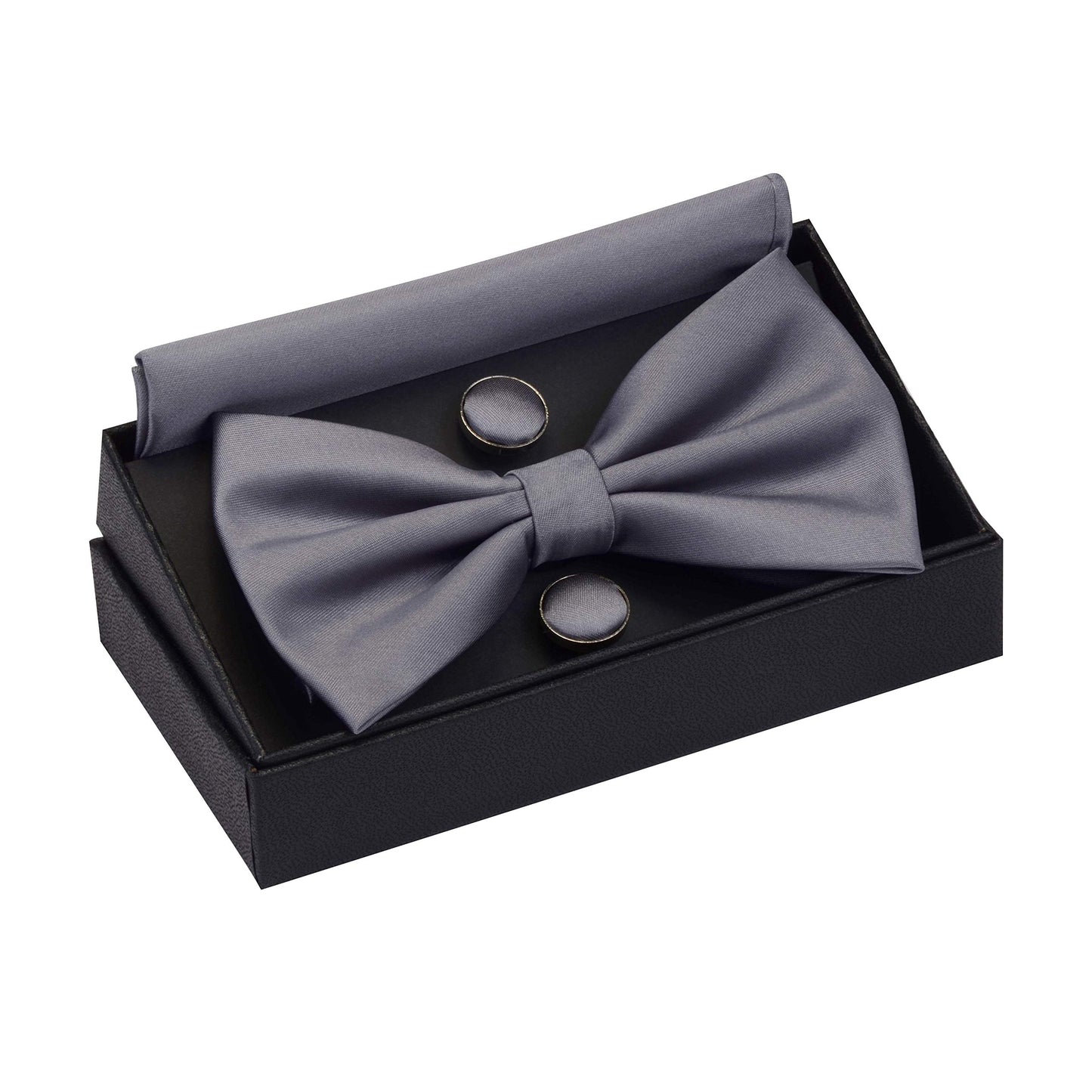 GUSLESON Mens Solid Color Double Fold Pre-tied Bow Tie and Pocket Square Cufflink Set with Gift Box