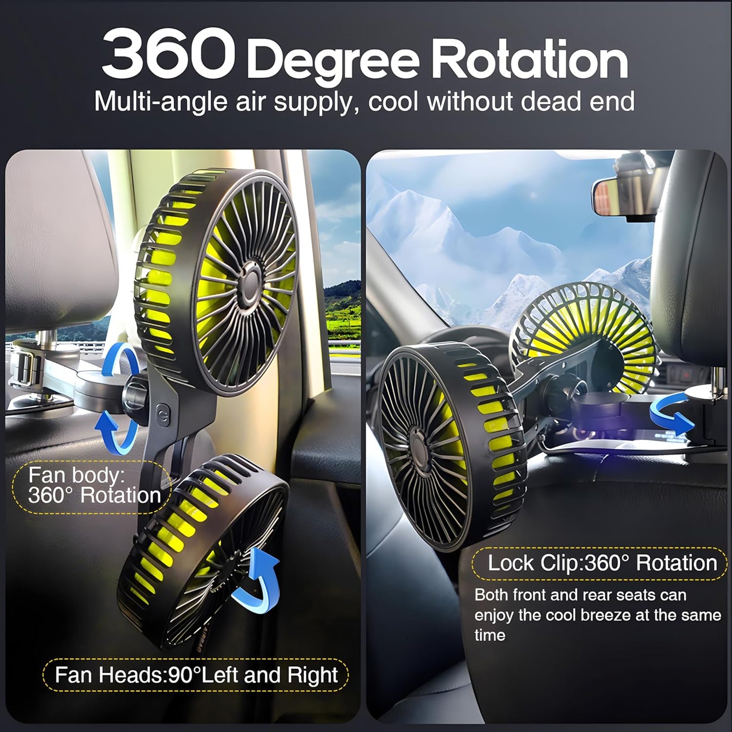 Dealswin Car Fan for Backseat Kids, Dual Head USB Car Seat Fan, 360° Rotatable Strong Wind Car Rear Headrest Fan for Baby, Air Circulation Fan with Adjustable Clip for Vehicles SUV RV