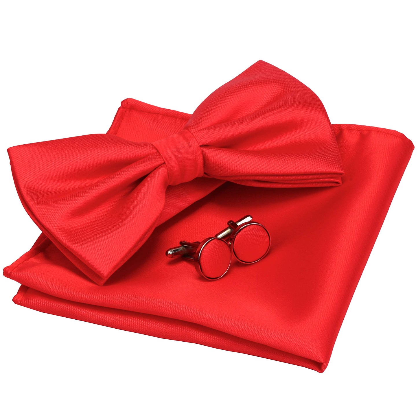 GUSLESON Mens Solid Color Double Fold Pre-tied Bow Tie and Pocket Square Cufflink Set with Gift Box