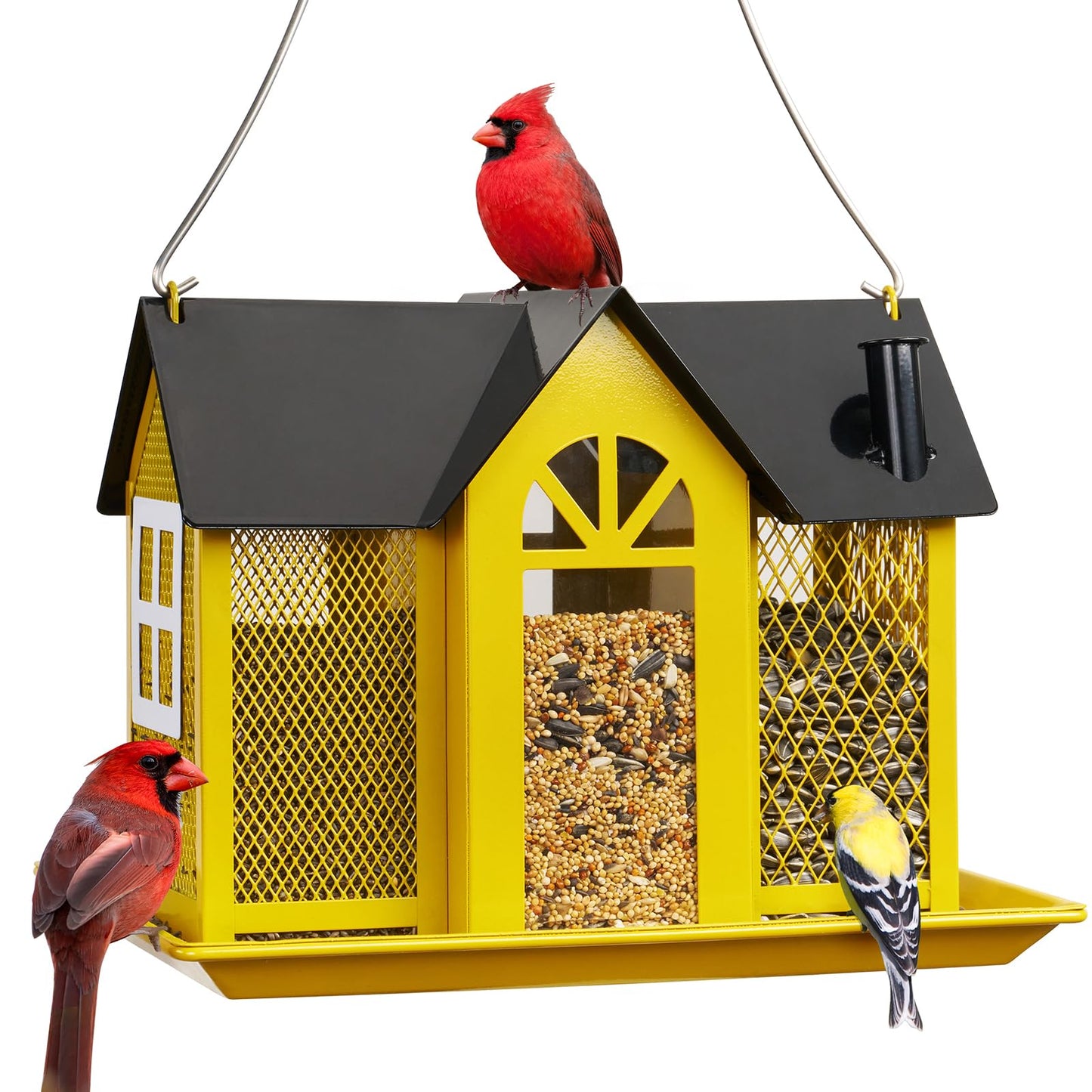 Kingsyard Bird Feeder House for Outside, Metal Mesh Wild Bird Feeder with Triple Feeders for Finch Cardinal Chickadee, Large Capacity, Weatherproof and Durable