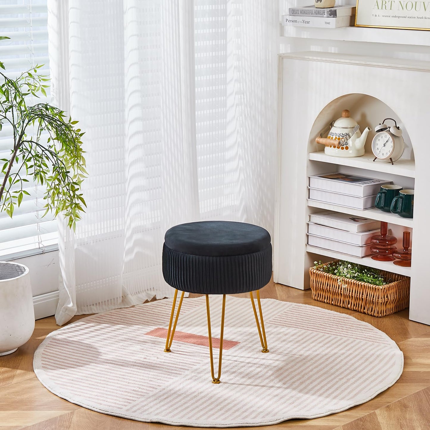 Cpintltr Velvet Foot Rest Stool Multipurpose Dressing Stools Upholstered Round Storage Ottoman Modern Soft Vanity Chair with Memory Foam Seat Pink