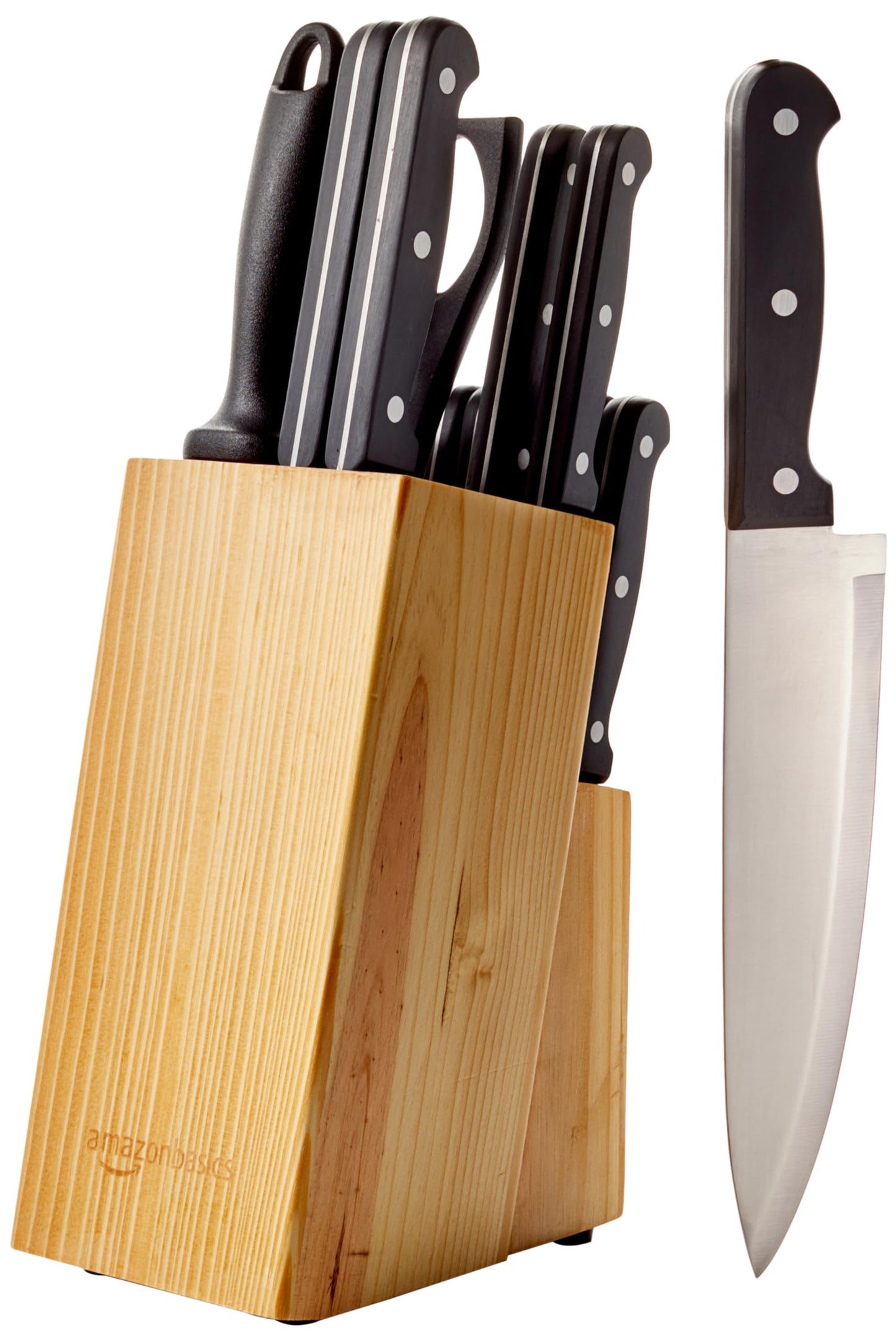 Amazon Basics 14-Piece Kitchen Knife Set with High-Carbon Stainless-Steel Blades and Pine Wood Block, Black