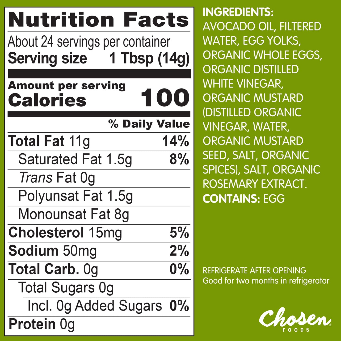 Chosen Foods 100% Avocado Oil-Based Classic Mayonnaise, Gluten & Dairy Free, Low-Carb, Keto & Paleo Diet Friendly, Mayo for Sandwiches, Dressings and Sauces, Made with Cage Free Eggs (32 Fl Oz)