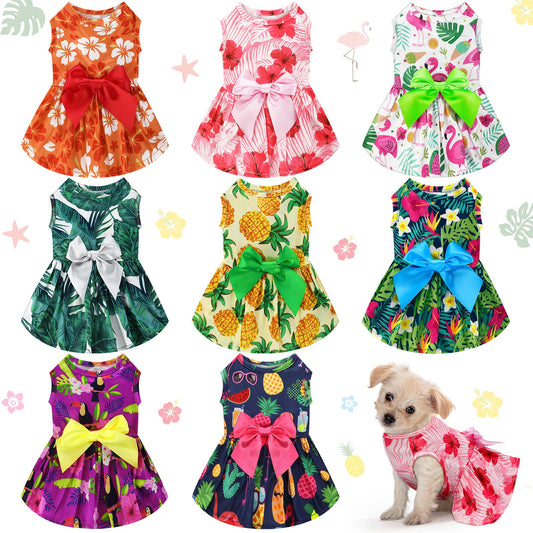 LEIFIDE 8 Pcs Summer Themed Hawaii Dog Dresses Holiday Dog Dress Flamingo Fruit Floral Pattern Pet Skirts Hawaii Puppy Princess Dresses Outfits Bowknot Puppy Dresses for Girl Dogs Cats Beach (Small)