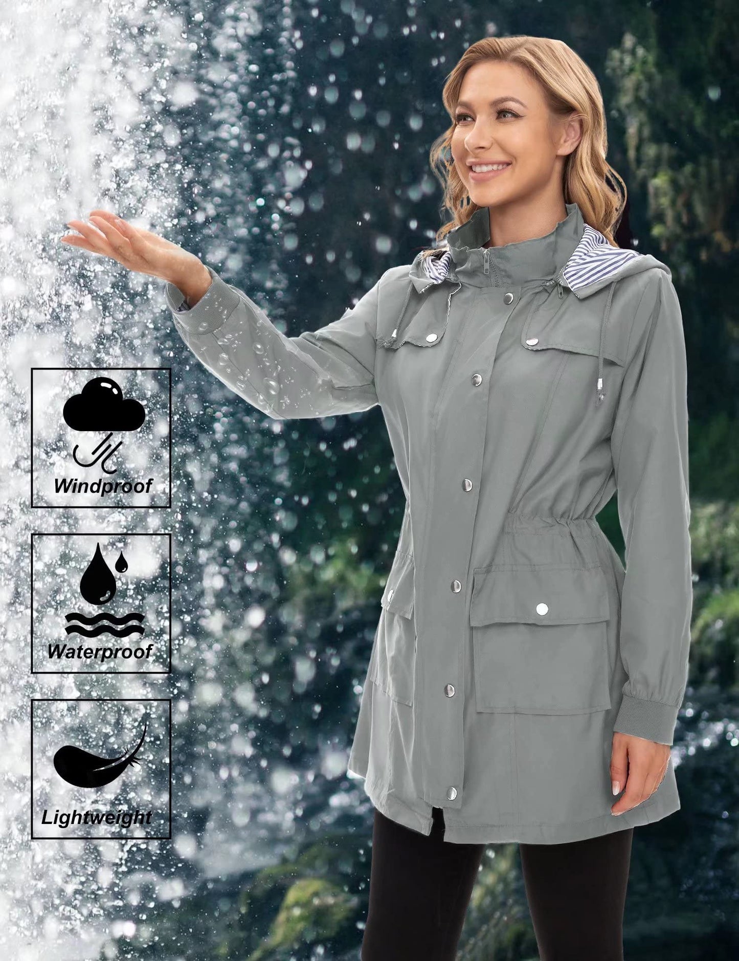 Bloggerlove Rain Jacket Women Lightweight Raincoat Waterproof Windbreaker Striped Climbing Outdoor Hooded Trench Coats S-XXL