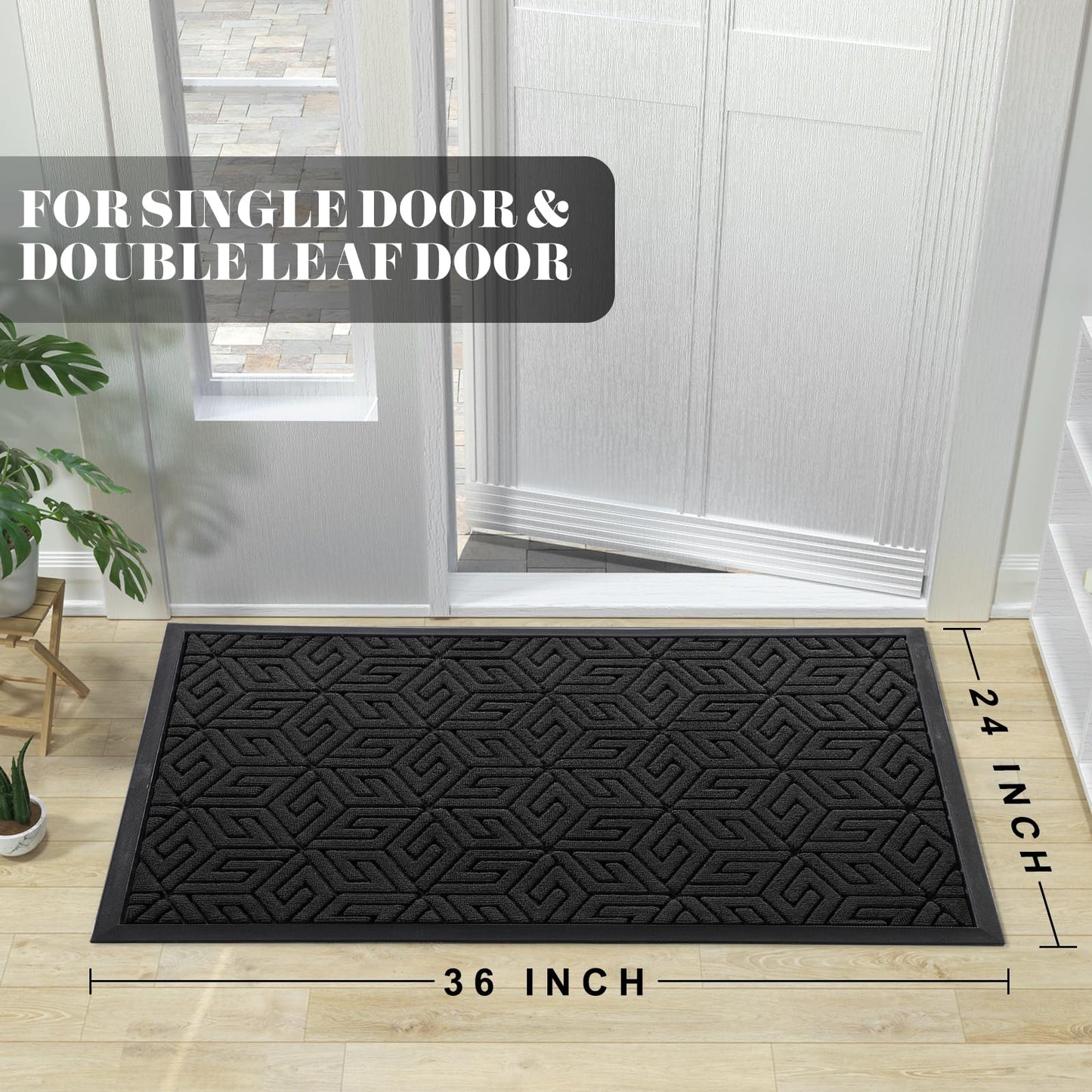 Yimobra Sturdy Front Entrance Door Mat, Heavy Duty Outdoor Indoor Doormat Entryway Floor Mat, Non Slip Rubber Backing, Easy Clean Shoe Scraper, Waterproof, Patio, Lawn, 17x29.5 Inch, Black