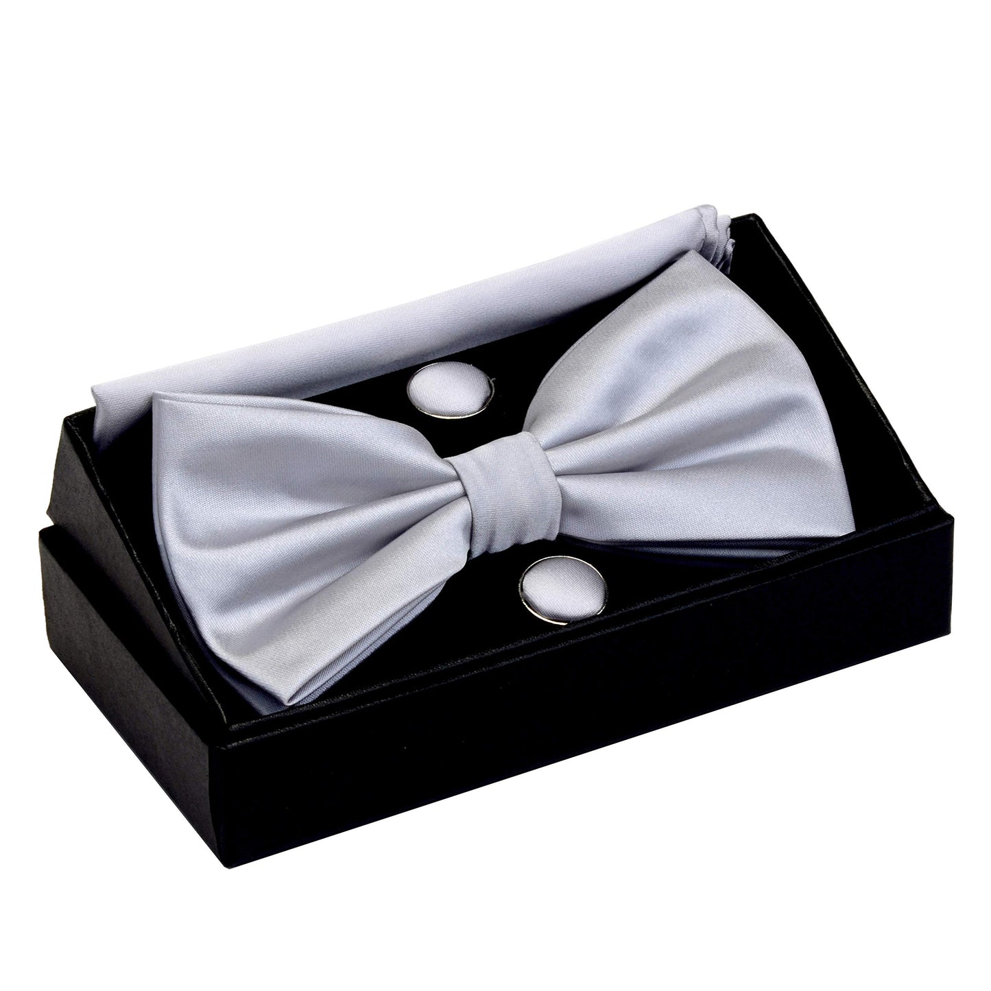 GUSLESON Mens Solid Color Double Fold Pre-tied Bow Tie and Pocket Square Cufflink Set with Gift Box