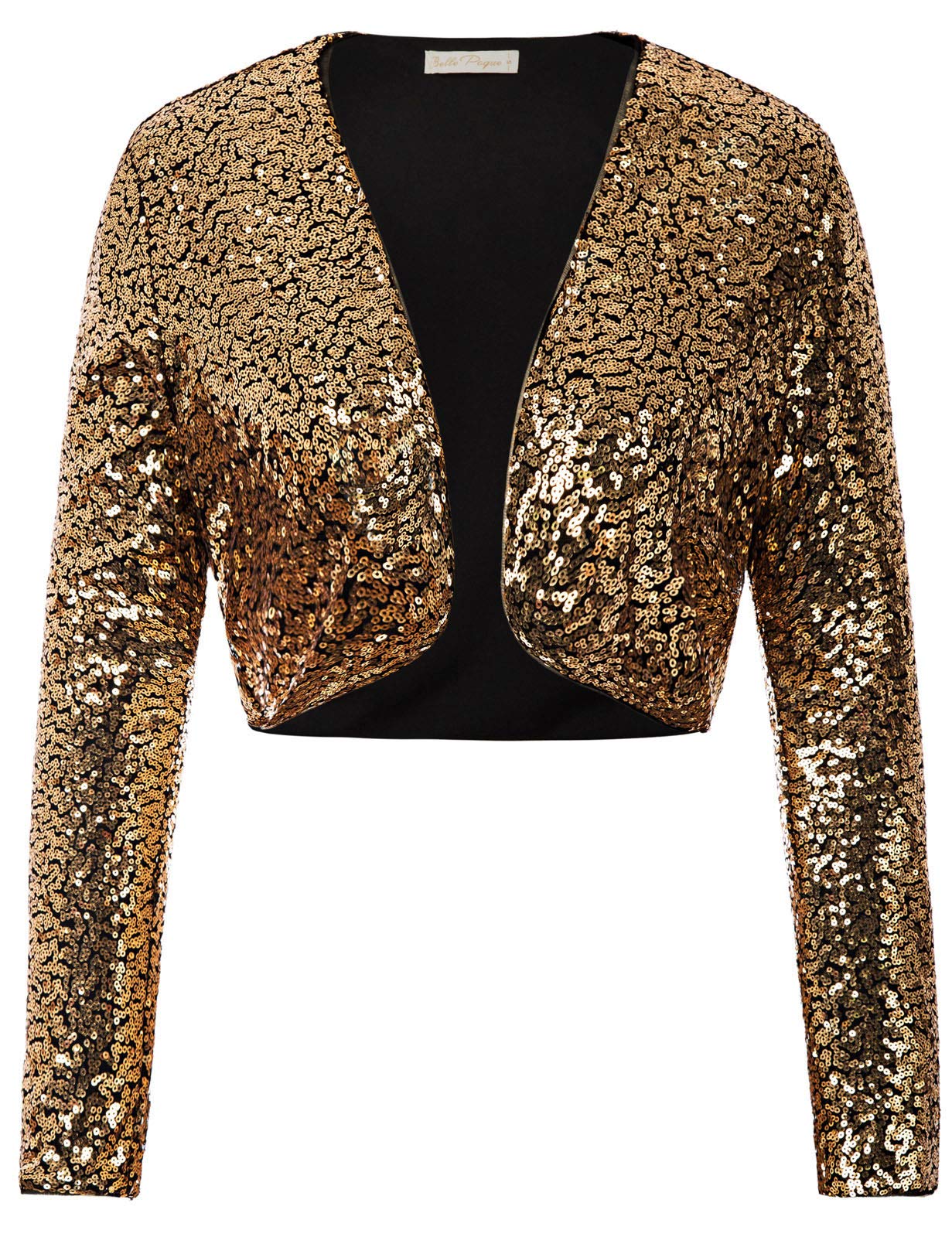 Belle Poque Women's Sequin Jacket Long Sleeve Open Front Glitter Cropped Blazer Bolero Shrug S-XXL