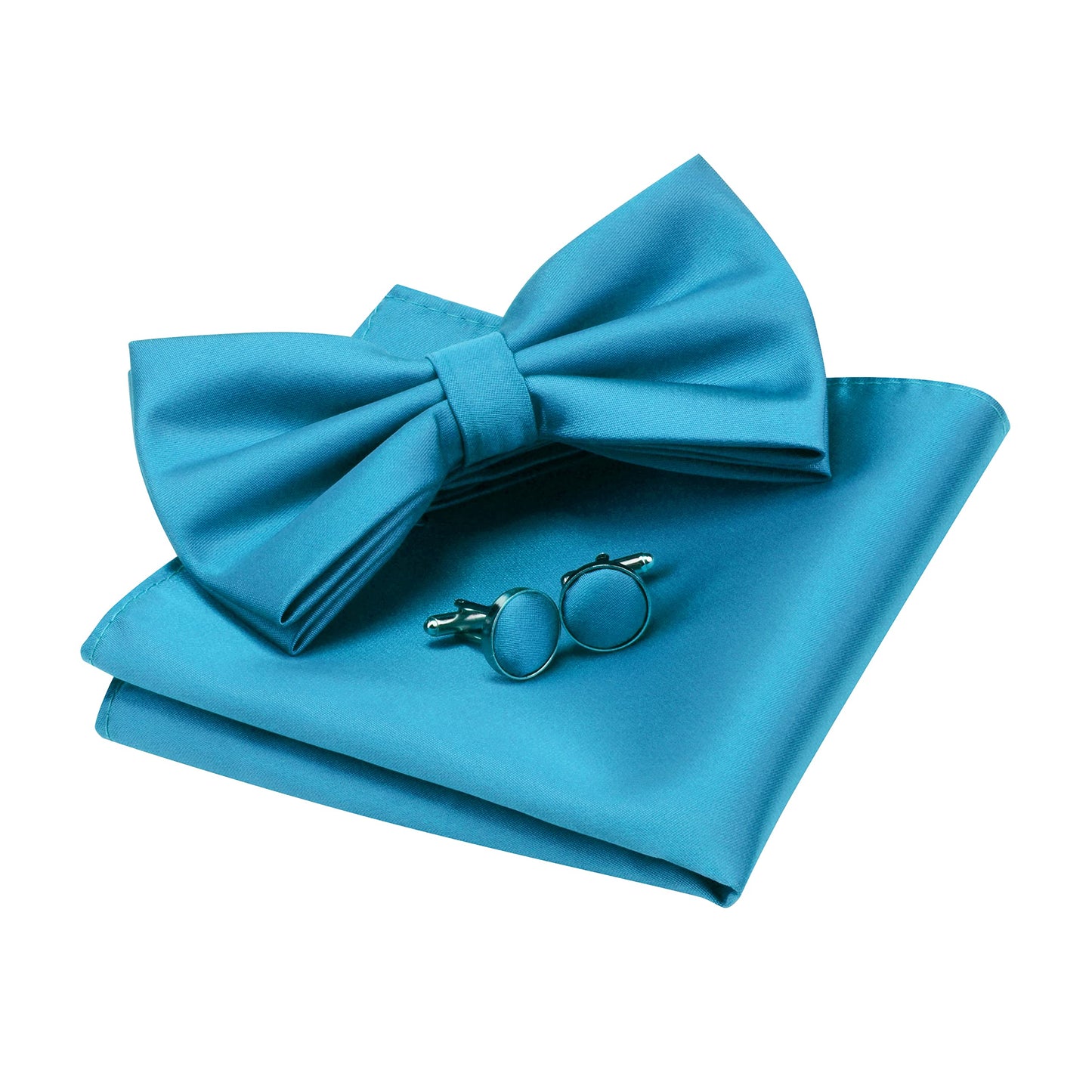 GUSLESON Mens Solid Color Double Fold Pre-tied Bow Tie and Pocket Square Cufflink Set with Gift Box