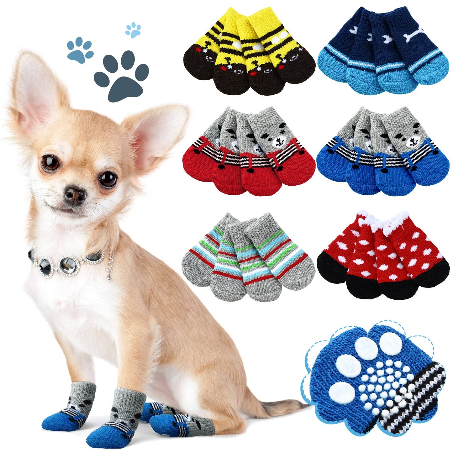 24 Pieces Dog Socks for Small Medium Dogs Non Slip Skid Pet Puppy Doggie Grip Socks Paw Protectors Indoor Traction Control Socks for Hardwood Floor Protection, 6 Styles (Small)