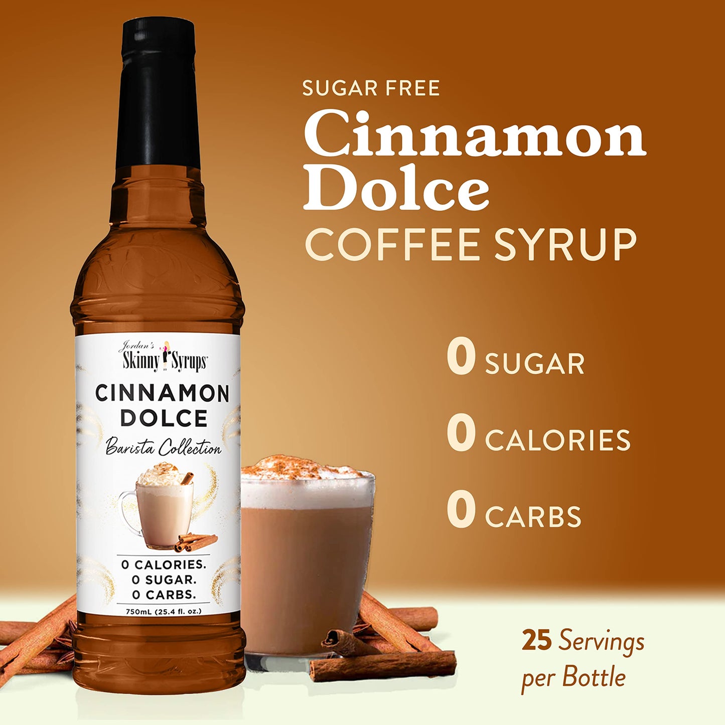 Jordan's Skinny Syrups Sugar Free Coffee Syrup, Cinnamon Dolce Flavor Drink Mix, Zero Calorie Flavoring for Chai Latte, Protein Shake, Food and More, Gluten Free, Keto Friendly, 25.4 Fl Oz, 1 Pack