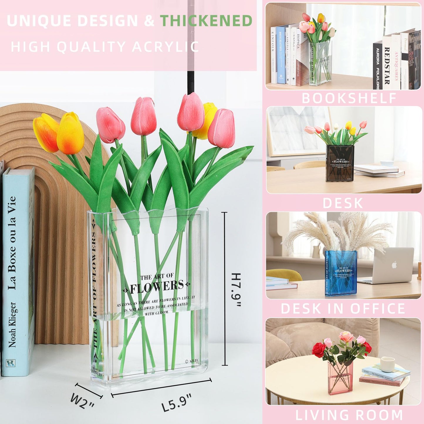 Book Vase for Flowers, Book Lovers Gifts, Aesthetic Room Decor Cute Flower Vase & Must-Have for Home, Bookshelf, Bedroom & Office Decor for Women & Teacher Gift - Like Mothers Day (Clear)