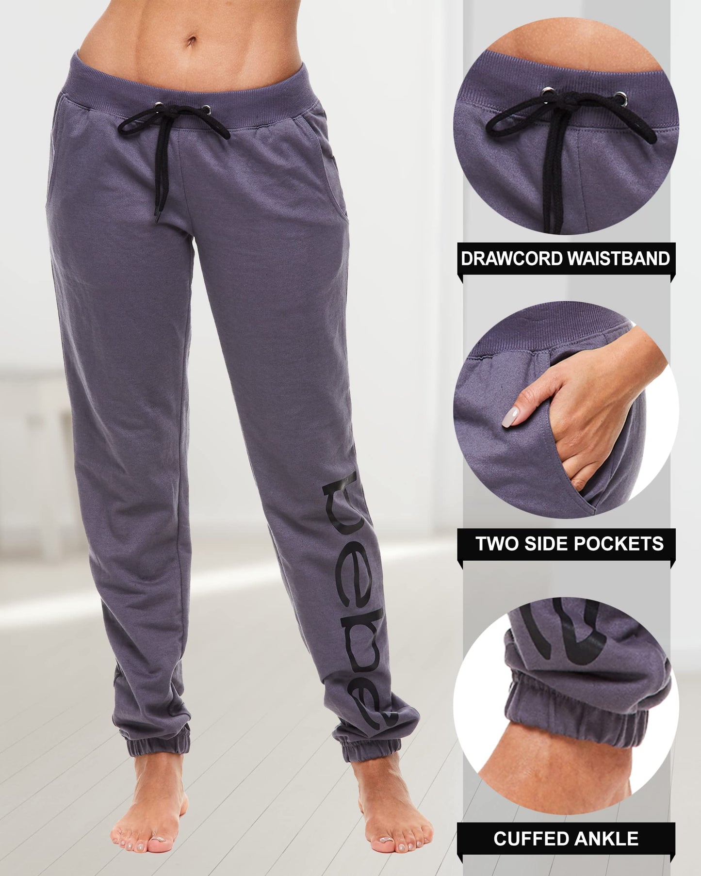 bebe Womens Sweatpants Joggers, French Terry Lounge Pants with Gathered Cuffs, Logo Pajama Pants for Women