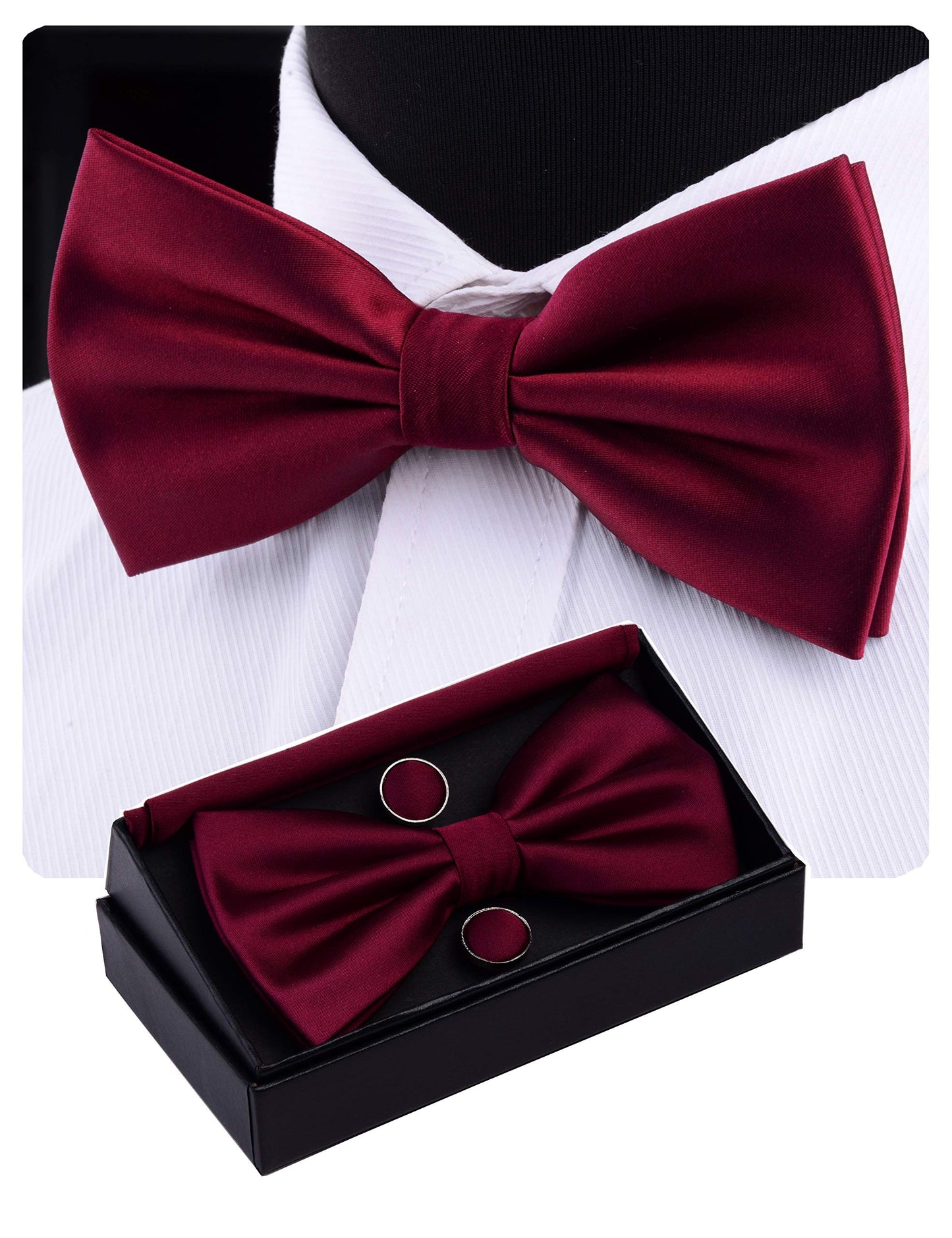 GUSLESON Mens Solid Color Double Fold Pre-tied Bow Tie and Pocket Square Cufflink Set with Gift Box