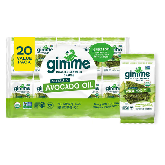 gimMe - Sea Salt & Avocado Oil - 0.16 Oz (Pack of 20) - Organic Roasted Seaweed Sheets - Keto, Vegan, Gluten Free - Great Source of Iodine & Omega 3’s - Healthy On-The-Go Snack for Kids & Adults