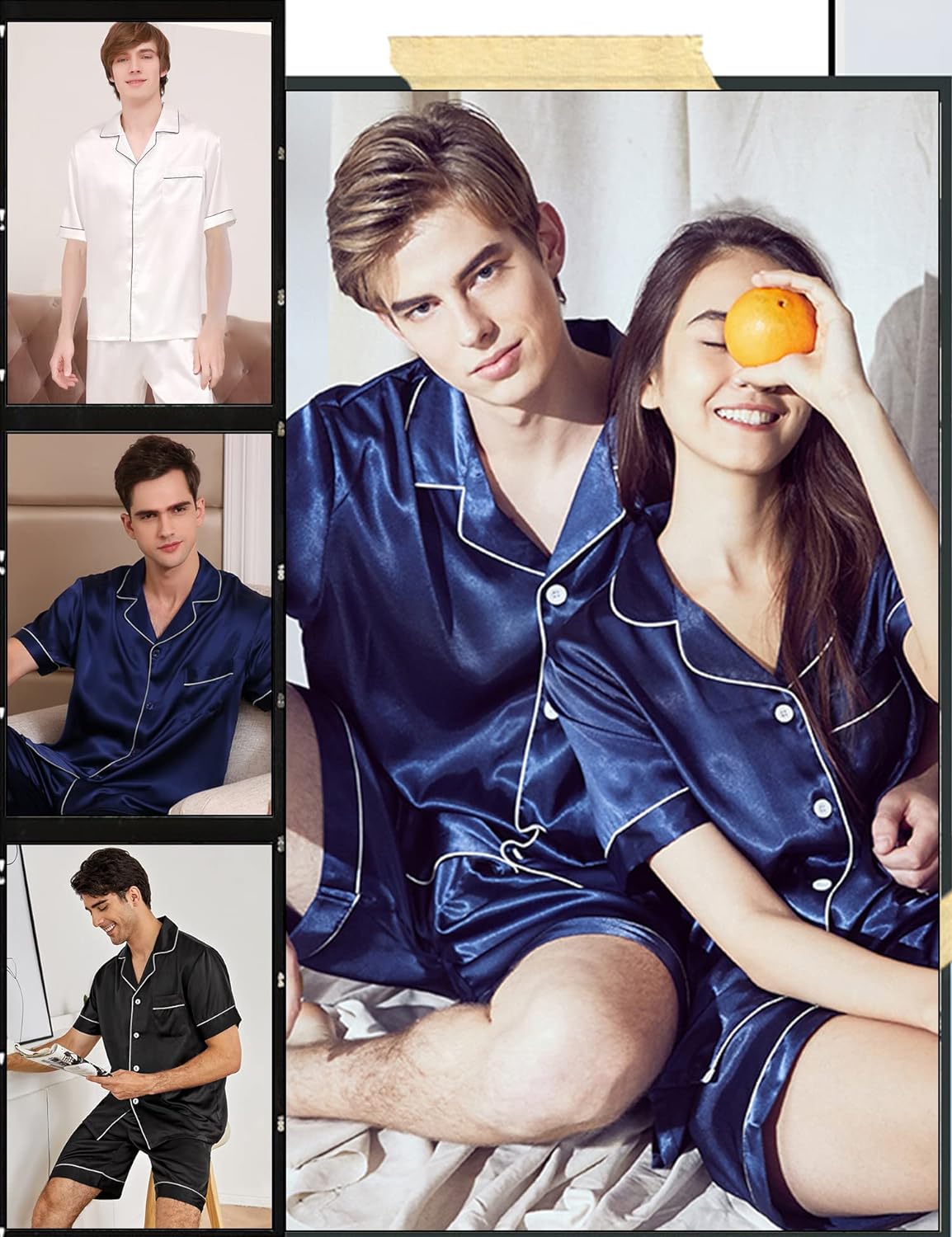 SWOMOG Satin Matching Pajamas Sets Couple Silk Button Down Nightwear Short Sleeve Sleepwear 2 Pieces Loungewear with Shorts