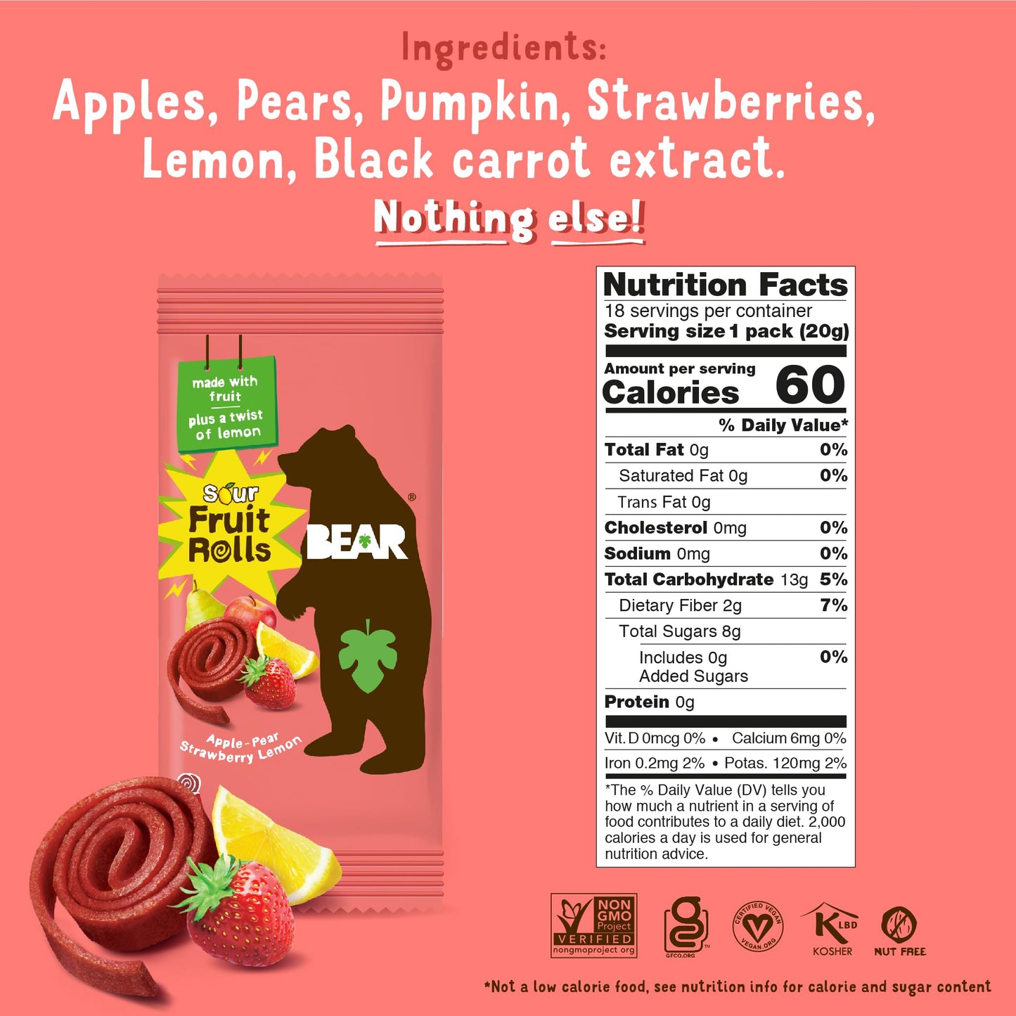 BEAR Real Fruit Snack Rolls - Gluten Free, Vegan, and Non-GMO - Strawberry – Healthy School And Lunch Snacks For Kids And Adults, 0.7 Ounce (Pack of 12)