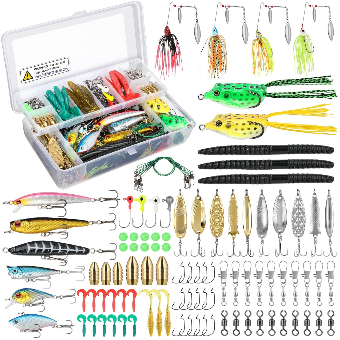 PLUSINNO Fishing Lures Baits Tackle Including Crankbaits, Spinnerbaits, Plastic Worms, Jigs, Topwater Lures, Tackle Box and More Fishing Gear Lures Kit Set, 102/302Pcs Fishing Lure Tackle