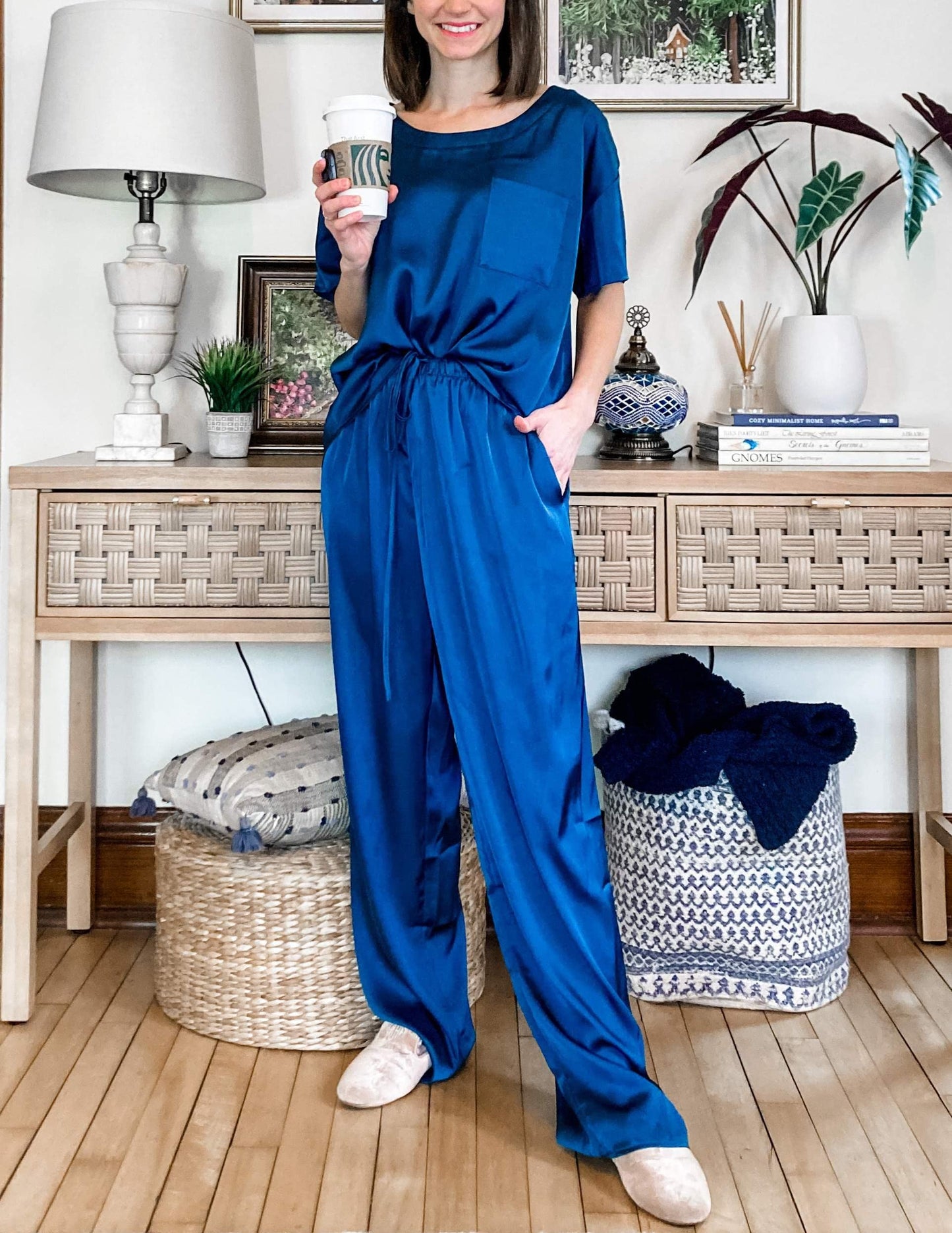 Ekouaer Womens Satin Silky Pajama Set Short Sleeve Shirt with Long Pajama Pant Set Soft PJ Loungewear